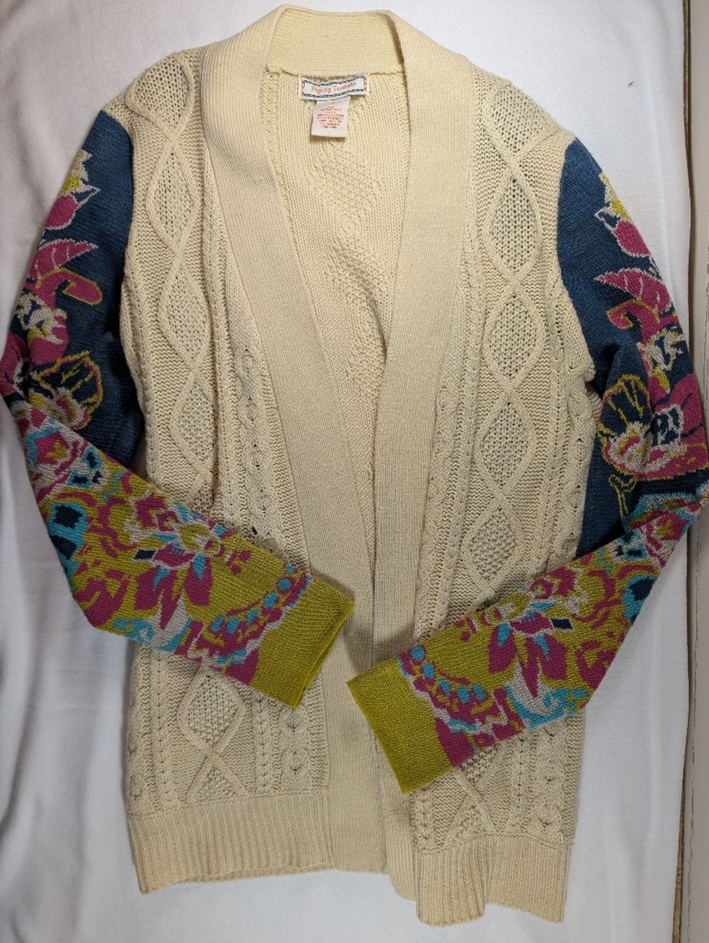 Flying Tomato Cream Cable-Knit Cardigan with Floral Multicolor Sleeves